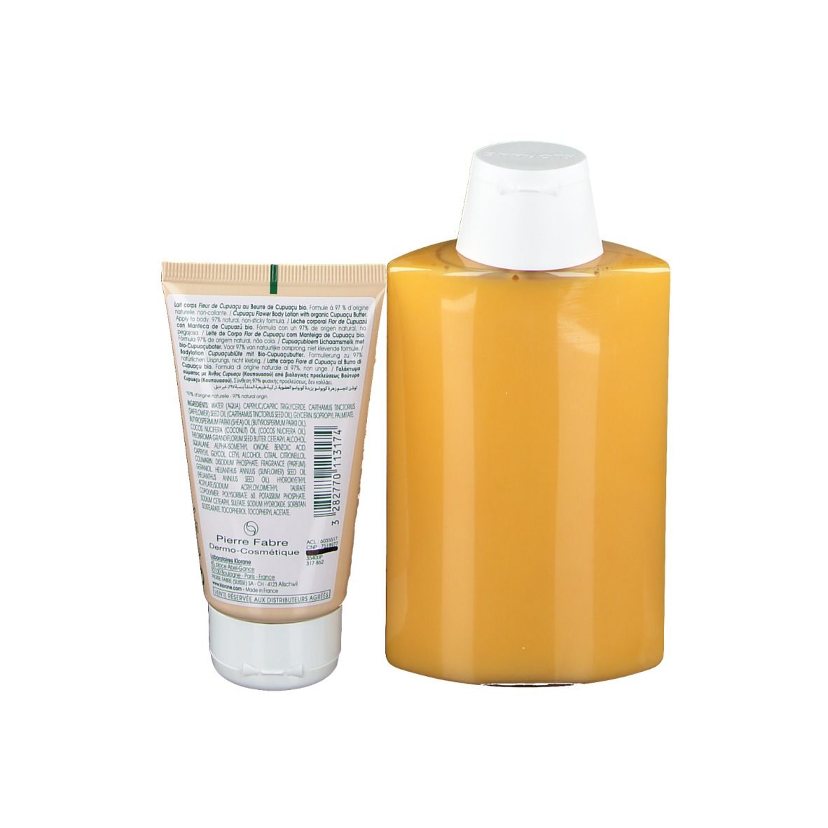Dos du tube de lotion pour le corps et flacon de shampooing. Inscription: KLORANE, Nutrition. Texte en plusieurs langues.
