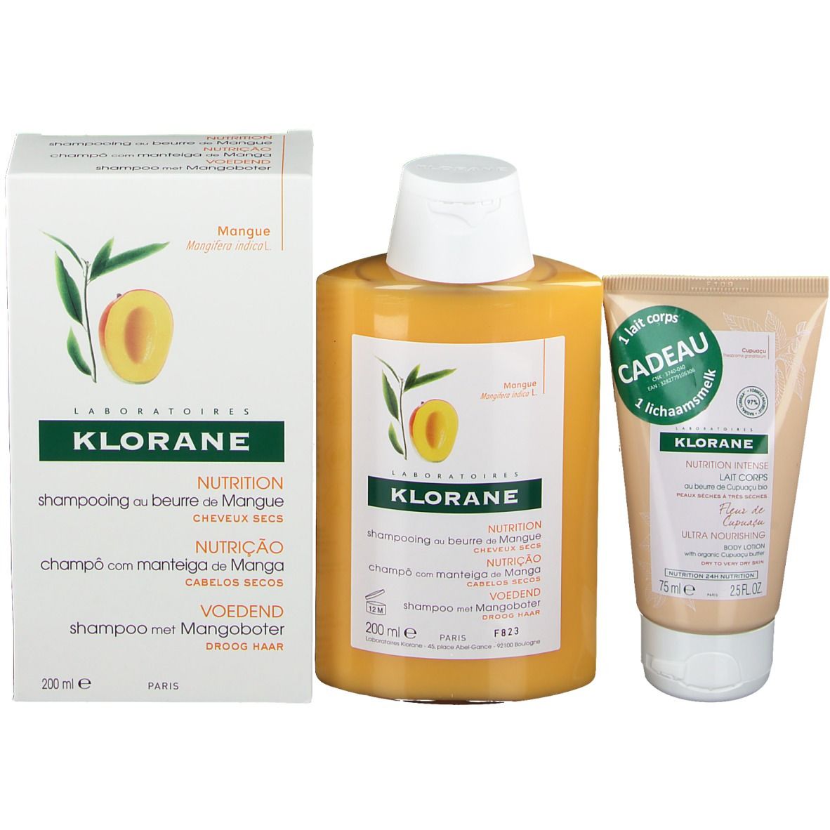 Ensemble de shampooing, lotion pour le corps et carton. Inscription: KLORANE, Mangue, Nutrition. Lotion: Cadeau, 25ml.