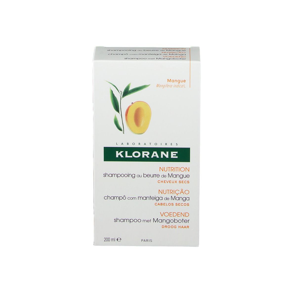 Boîte de shampooing. Inscription: KLORANE, Mangue, Nutrition. 200ml. Illustration d'une mangue.