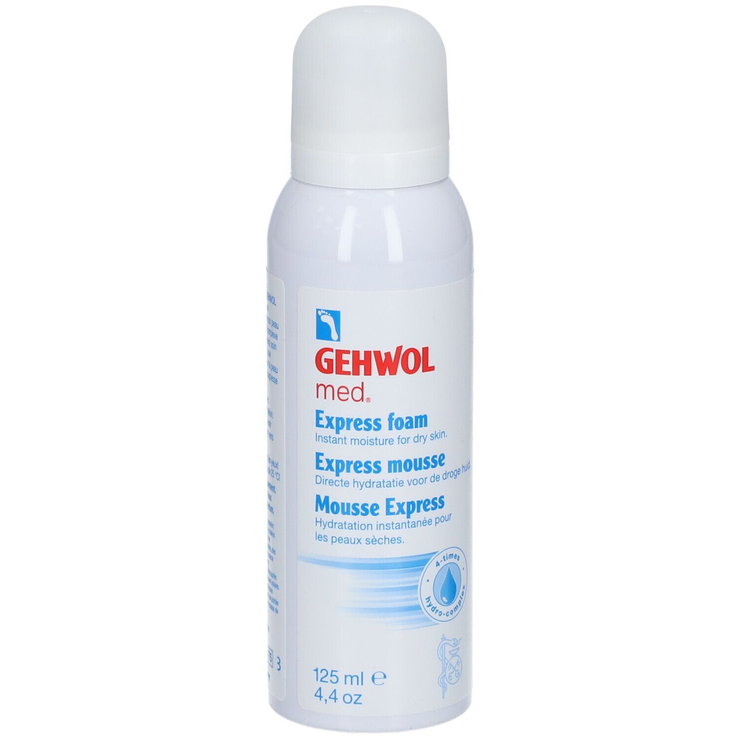 GEHWOL med. Express mousse. Flacon blanc avec bouchon pulvérisateur. Nom et logo visibles. 125 ml.