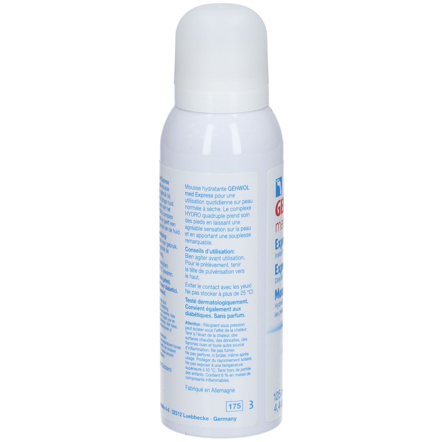 Dos du flacon GEHWOL med. Express foam. Texte multilingue. 125 ml. Fabriqué en Allemagne.