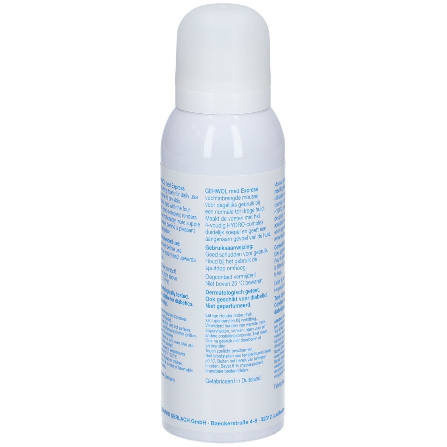 Dos du flacon GEHWOL med. Express foam. Texte multilingue. Testé dermatologiquement.