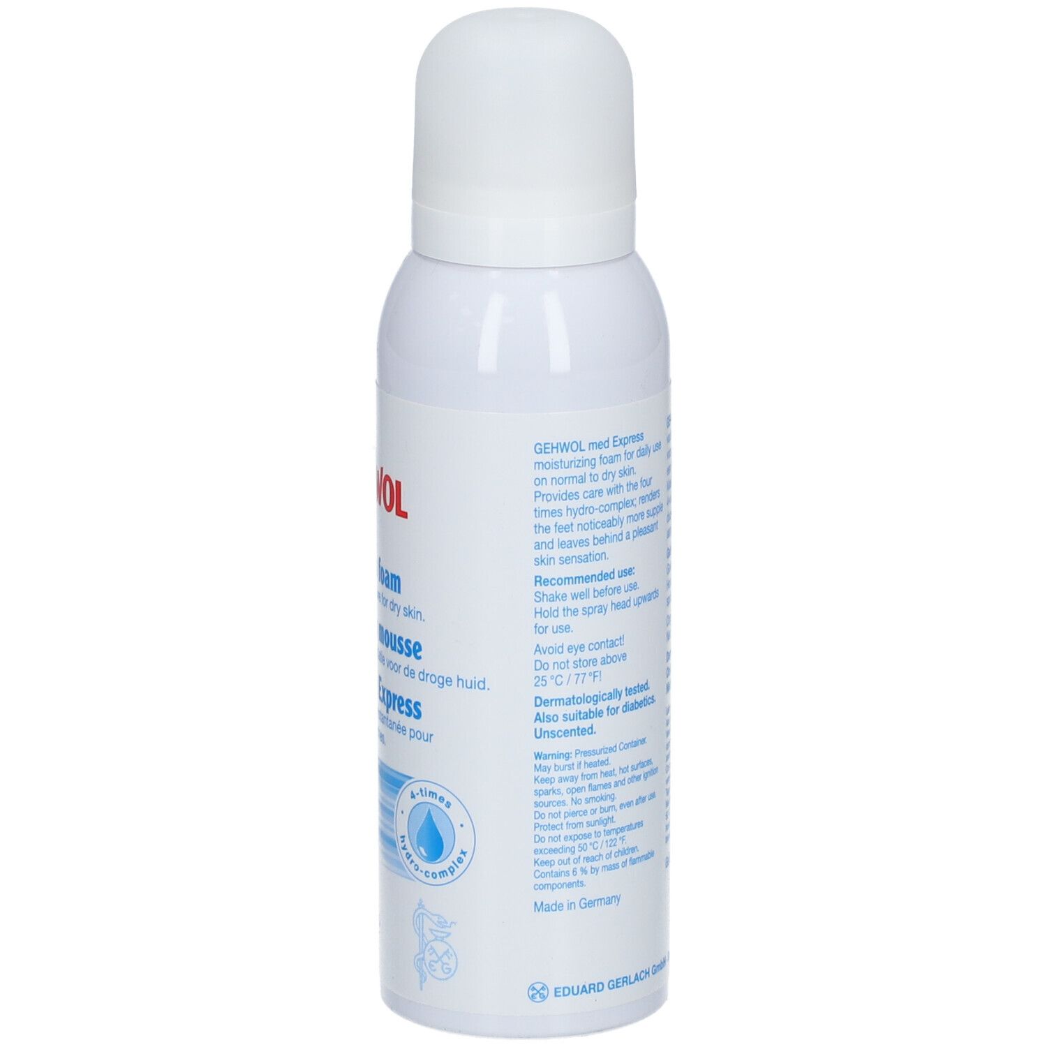 Dos du flacon GEHWOL med. Express foam. Texte multilingue. Testé dermatologiquement.