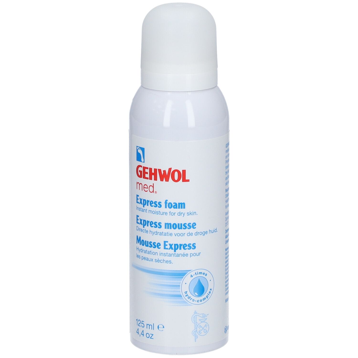 GEHWOL med. Express mousse. Flacon blanc avec bouchon pulvérisateur. Nom et logo visibles. 125 ml.