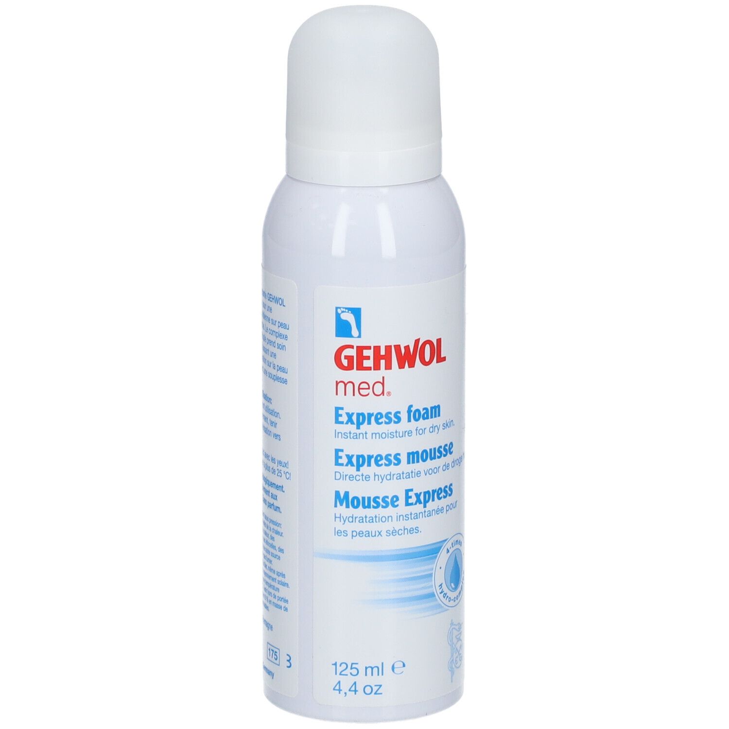 GEHWOL med. Express mousse. Flacon blanc avec bouchon pulvérisateur. Nom et logo visibles. 125 ml.