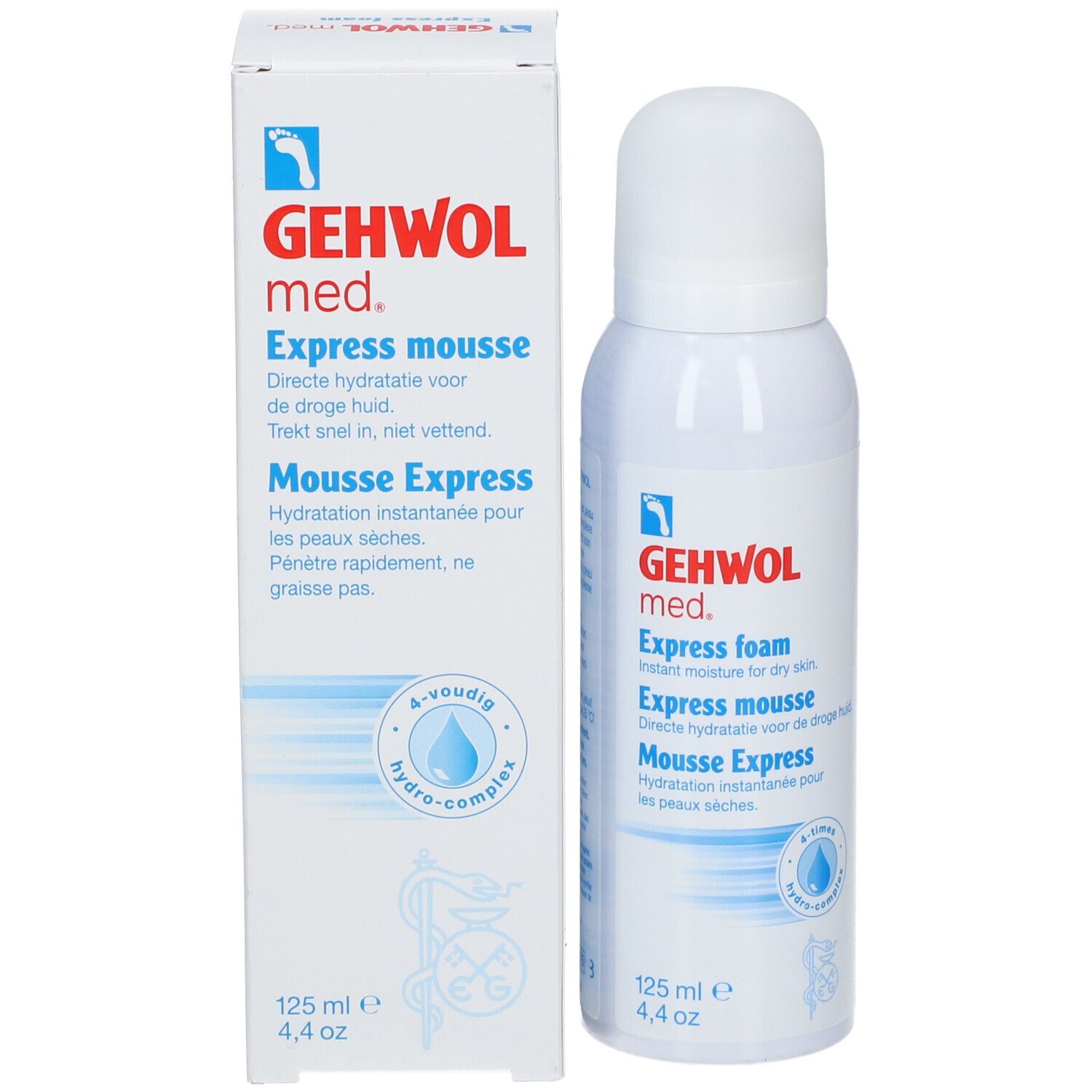 GEHWOL med. Express mousse. Flacon et emballage. Nom et logo visibles. 125 ml.