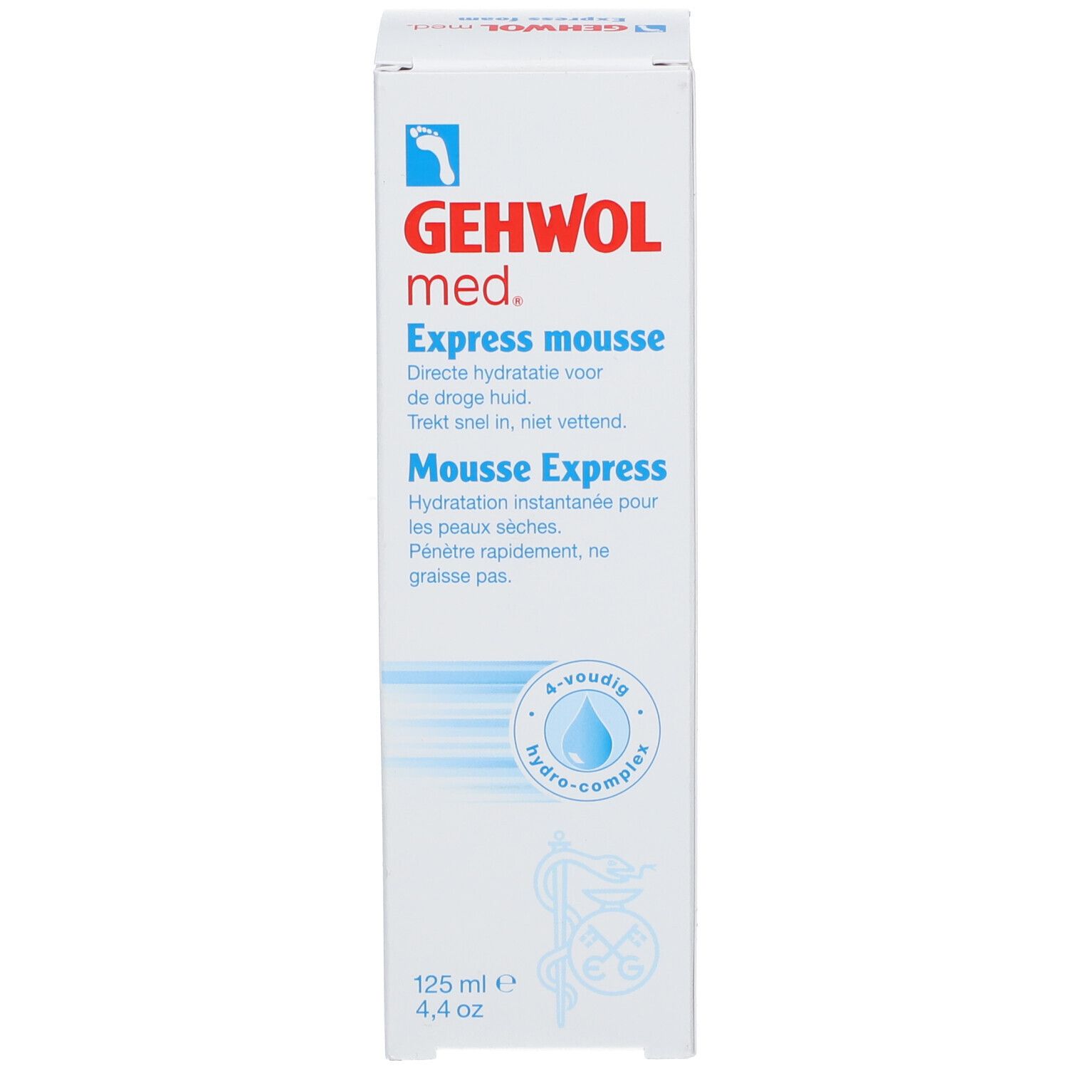 GEHWOL med. Express mousse. Emballage. Nom et logo visibles. 125 ml.
