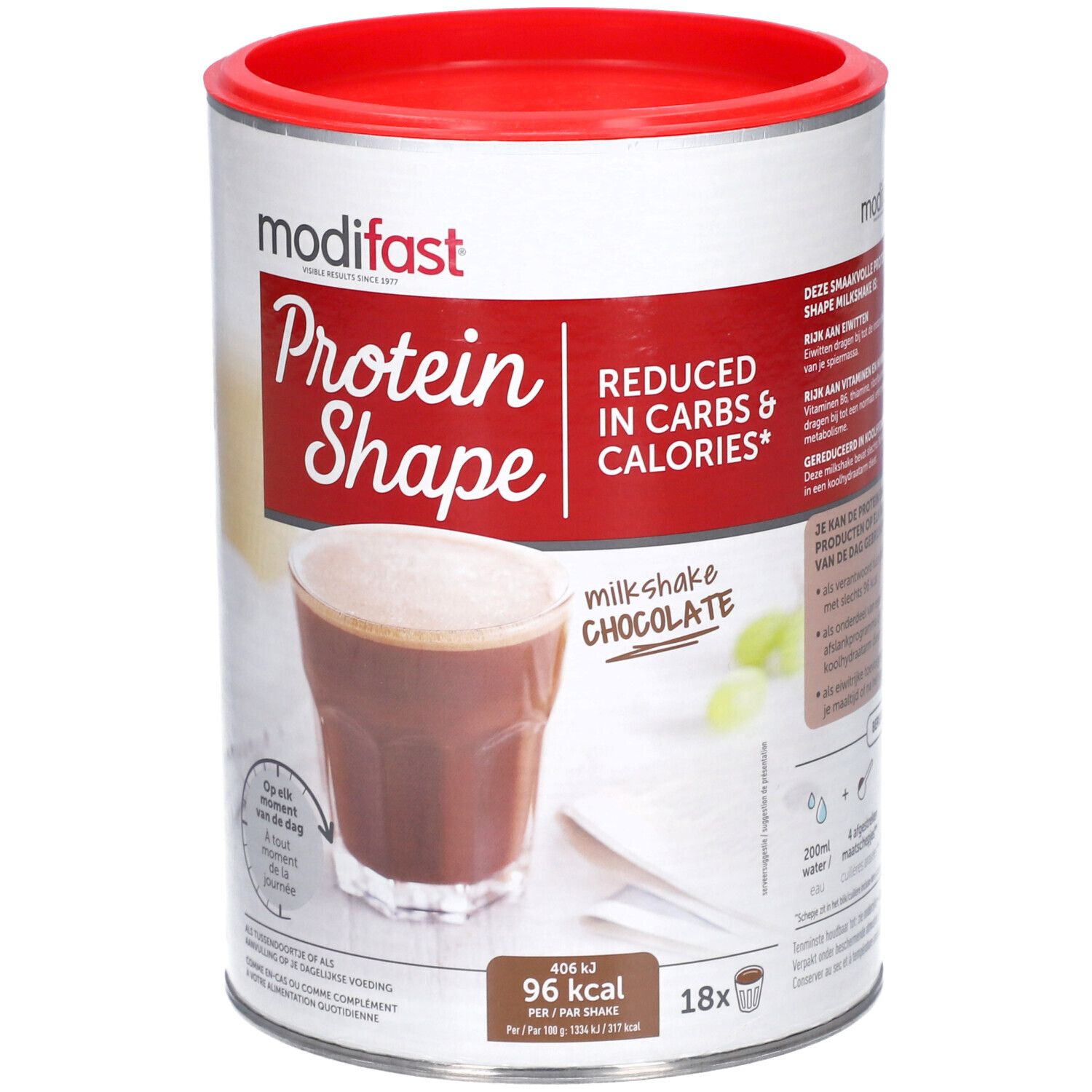 Boîte Modifast Protein Shape Milkshake Chocolat. Couvercle rouge. Réduit en glucides et calories.