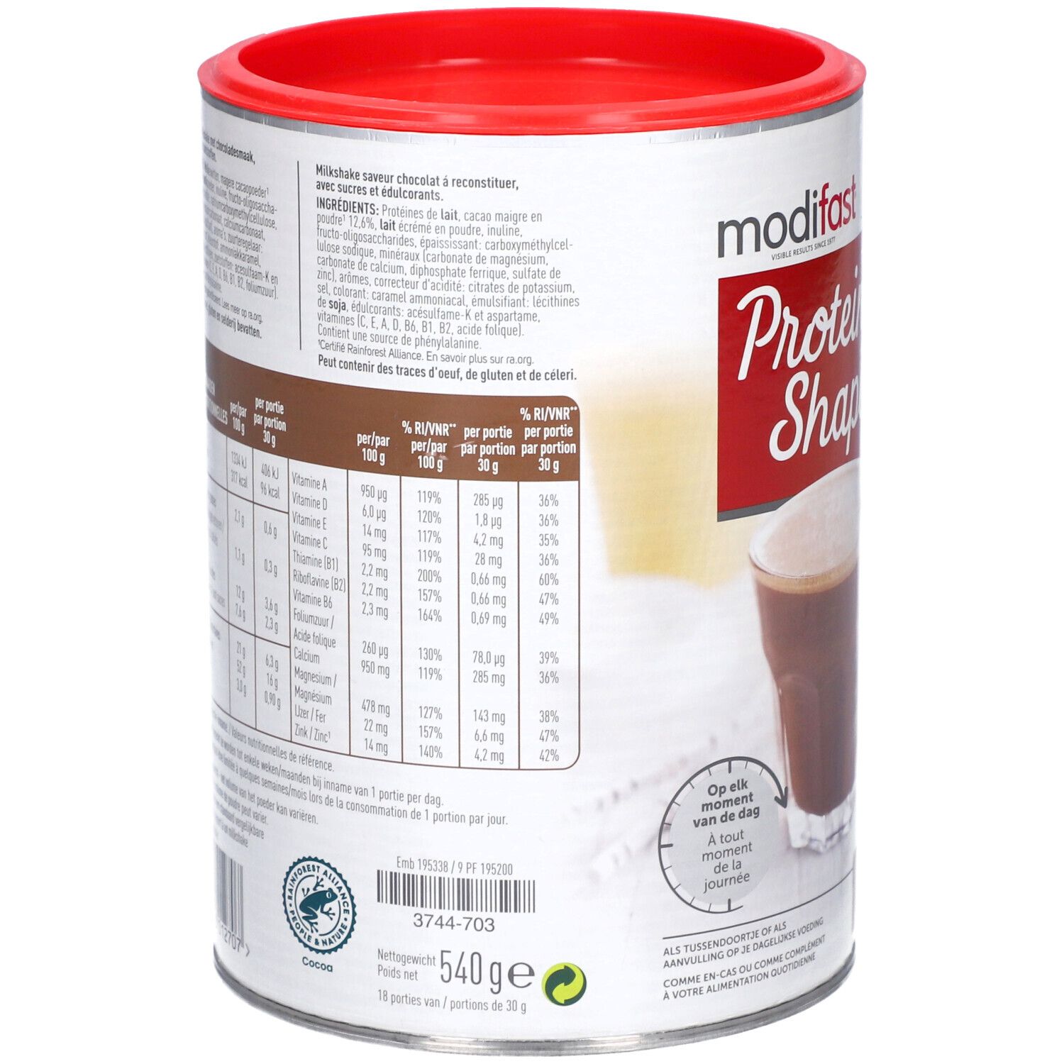 Boîte Modifast Protein Shape, dos. Liste des ingrédients, informations nutritionnelles. Certifications.