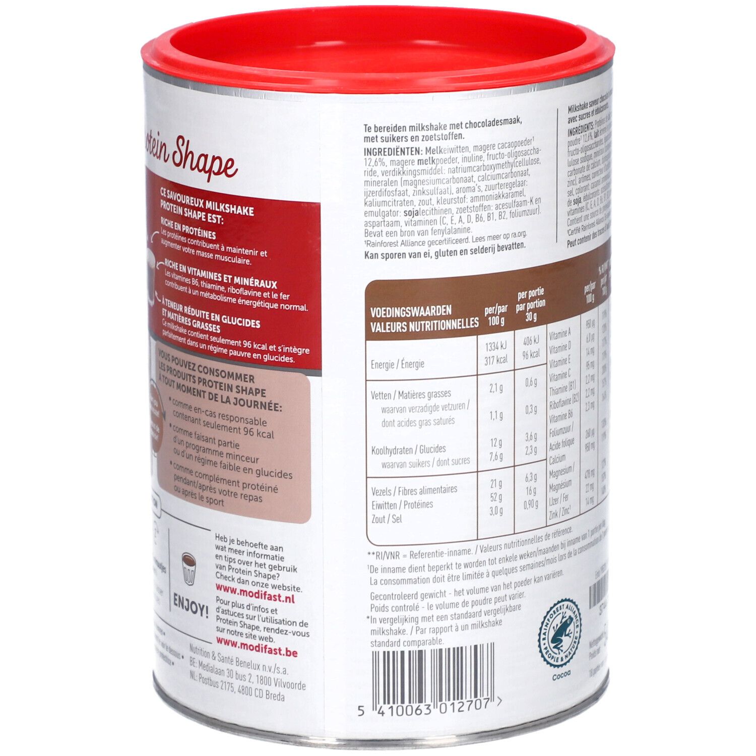 Boîte Modifast Protein Shape, dos. Informations nutritionnelles, texte. Avec certifications.