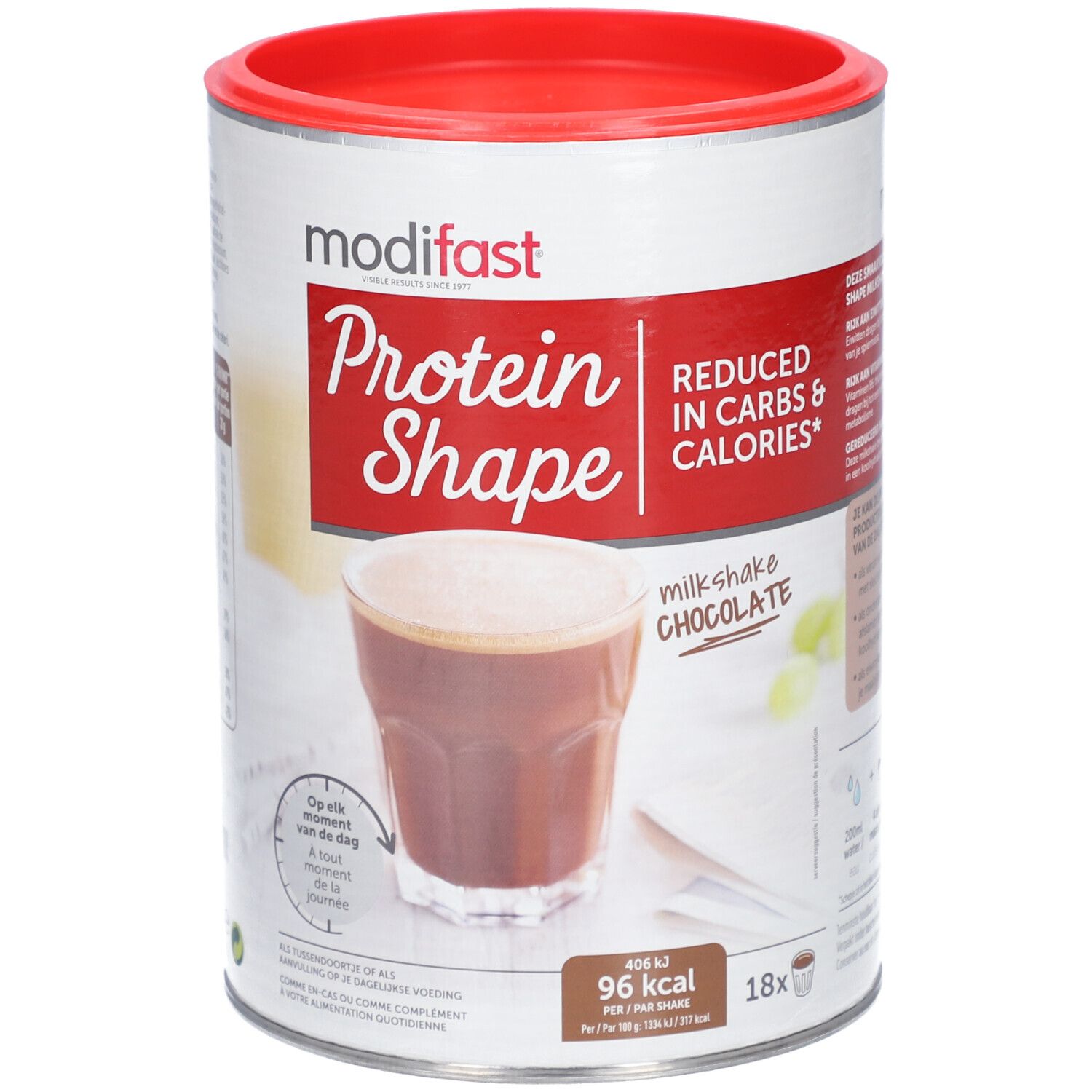 Boîte Modifast Protein Shape Milkshake Chocolat. Couvercle rouge. Réduit en glucides et calories.