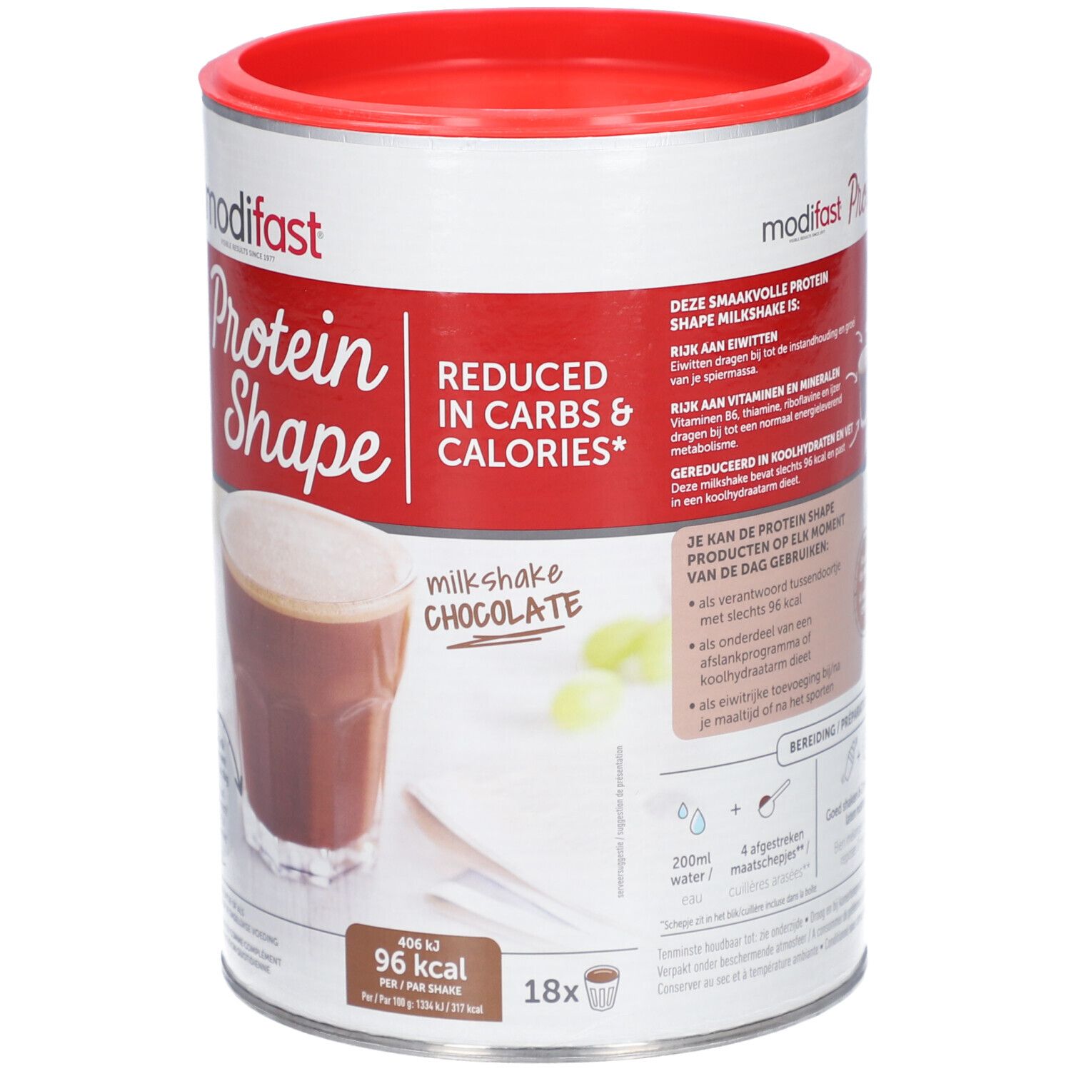 Boîte Modifast Protein Shape. Couvercle rouge. Réduit en glucides et calories. Avec image du produit.