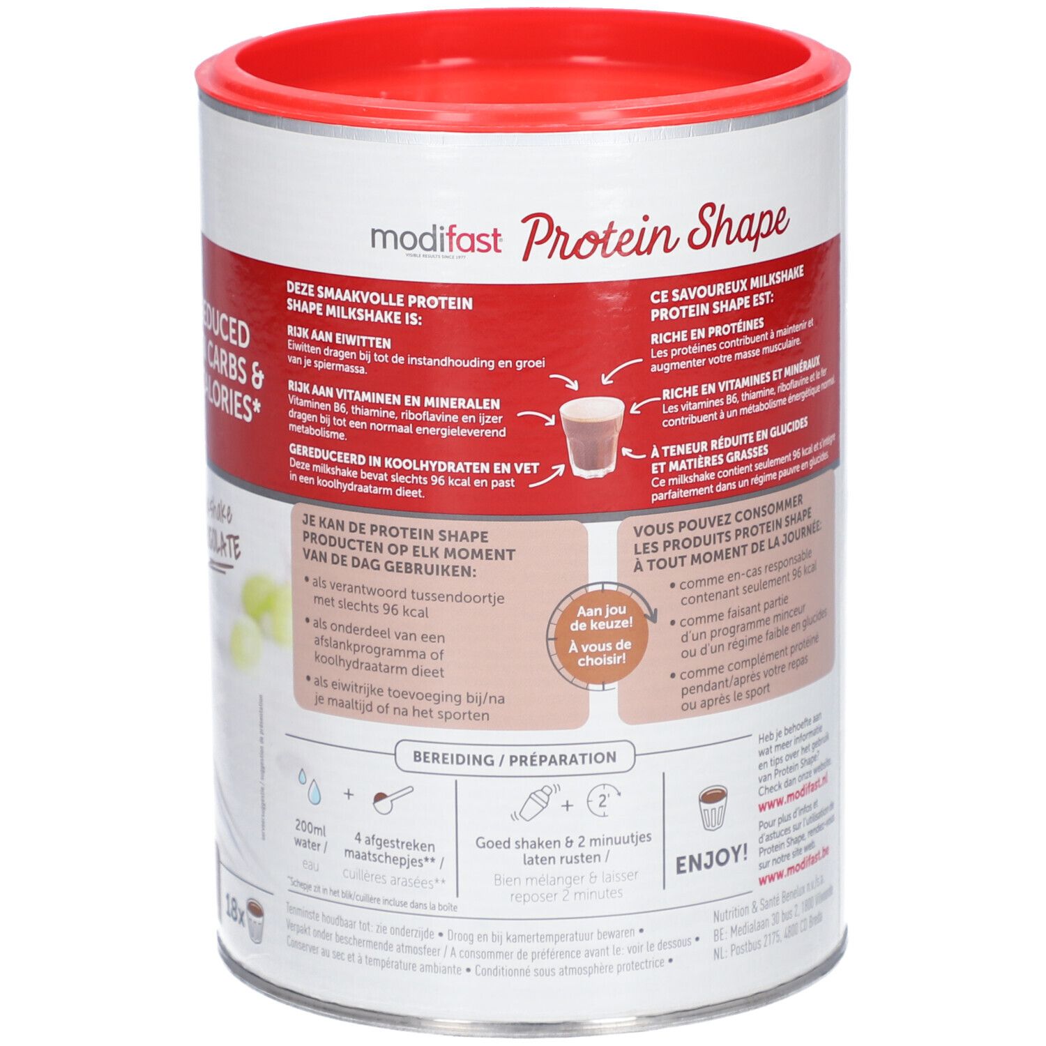 Boîte Modifast Protein Shape, dos. Texte, instructions de préparation. Avec image du produit.