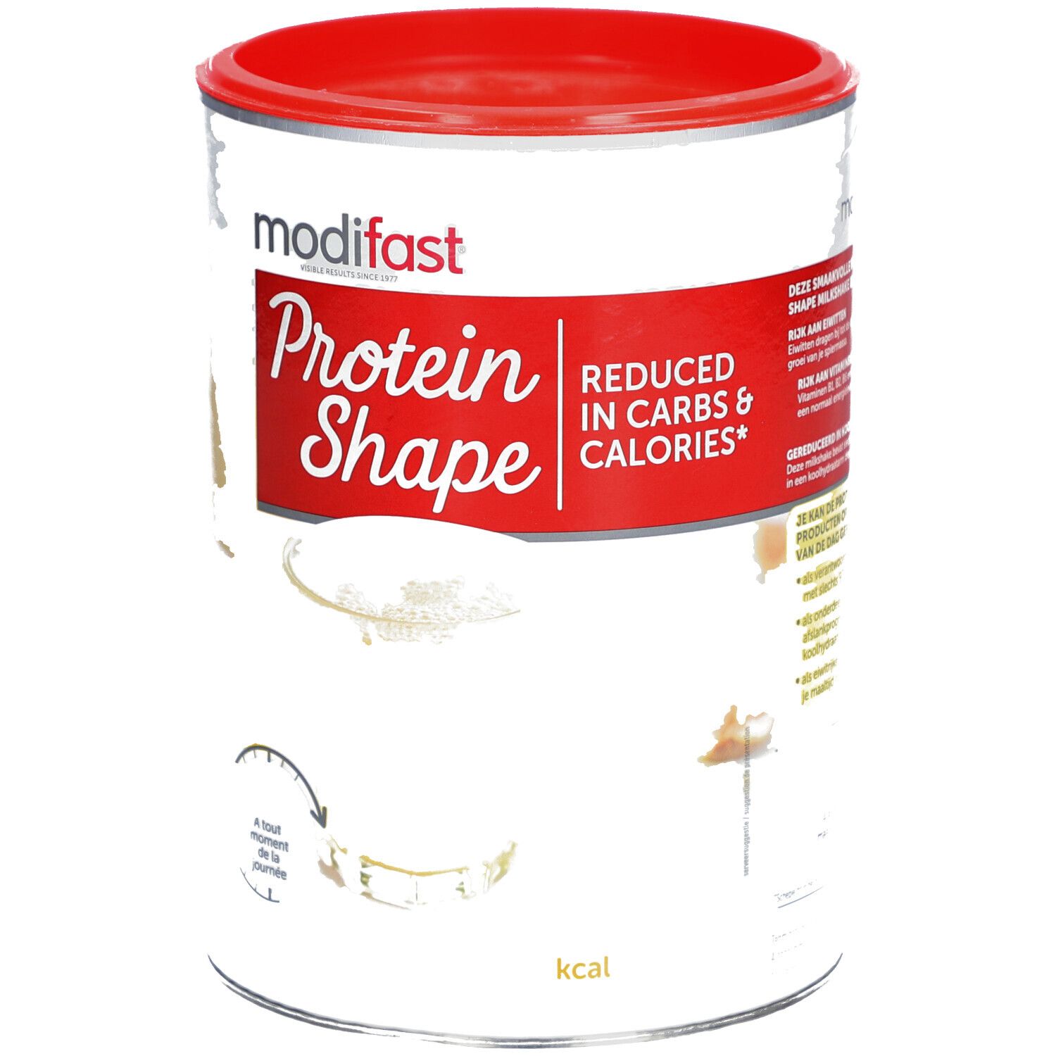 Boîte Modifast Protein Shape. Couvercle rouge, boîte blanche avec Protein Shape. Réduit glucides et calories.