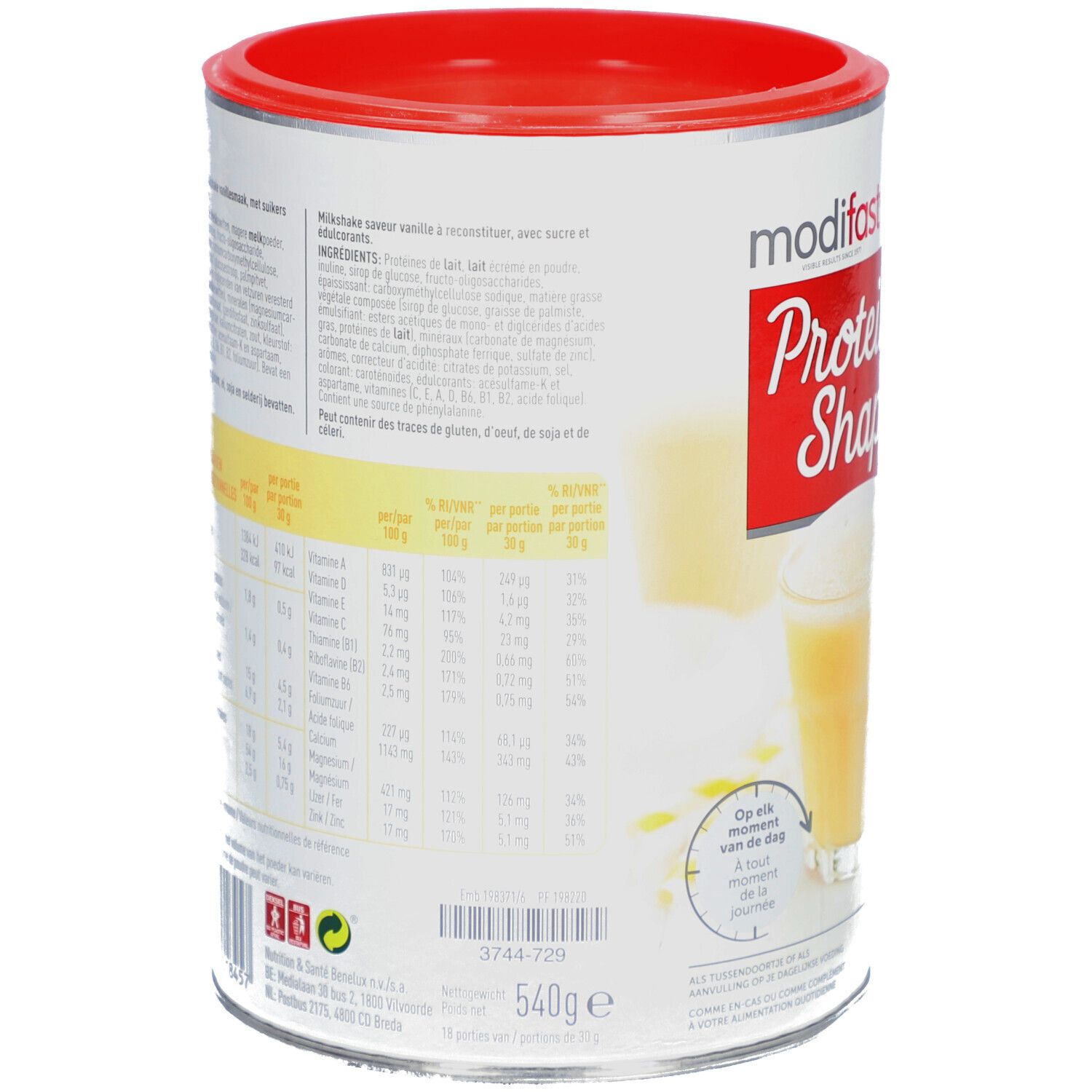 Boîte Modifast Protein Shape. Dos avec informations nutritionnelles et ingrédients. Couvercle rouge, boîte blanche.