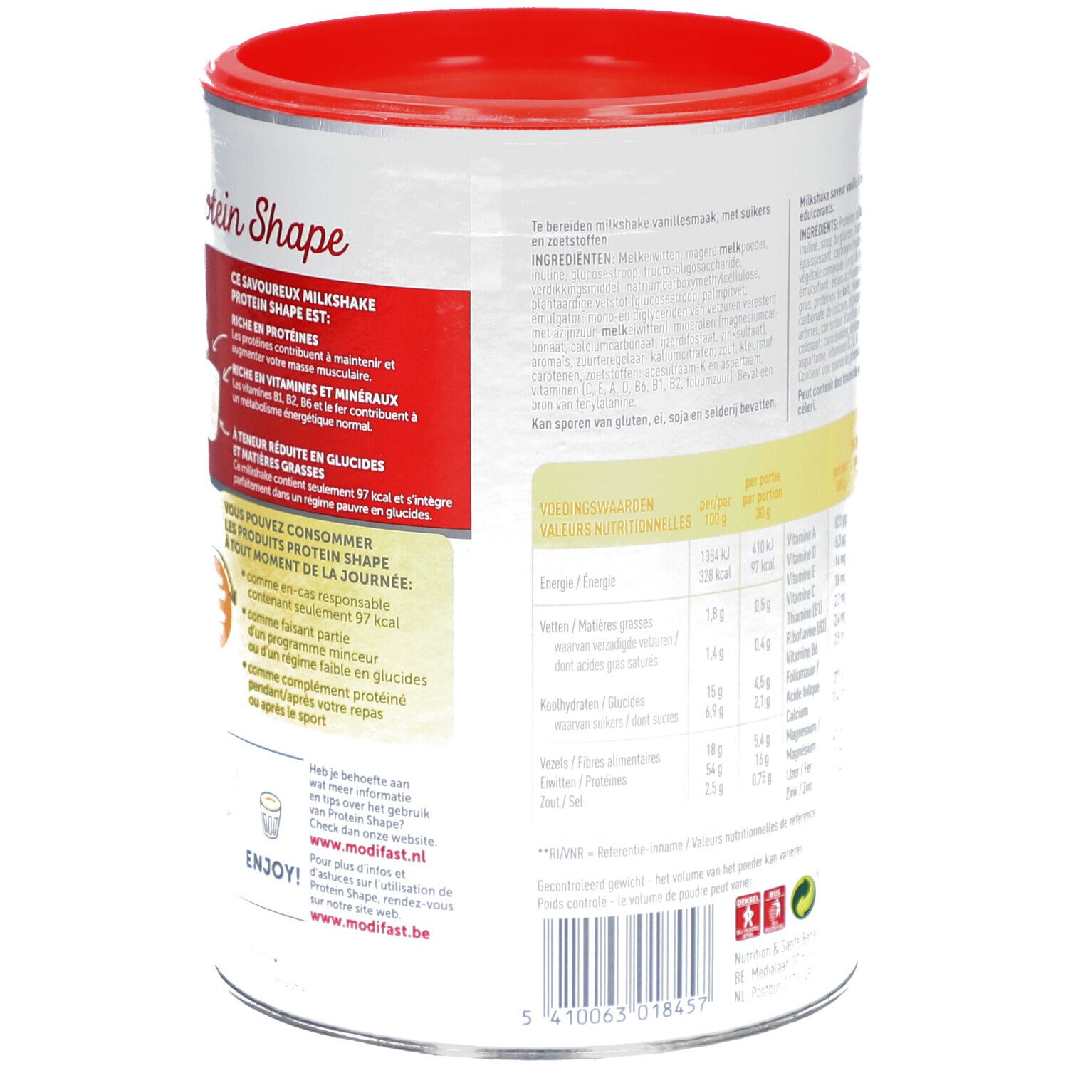Boîte Modifast Protein Shape. Couvercle rouge, boîte blanche avec texte et informations nutritionnelles. Goût vanille.