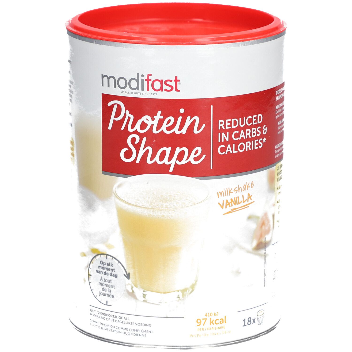 Boîte Modifast Protein Shape. Couvercle rouge, boîte blanche avec Protein Shape et goût vanille. 18 portions.