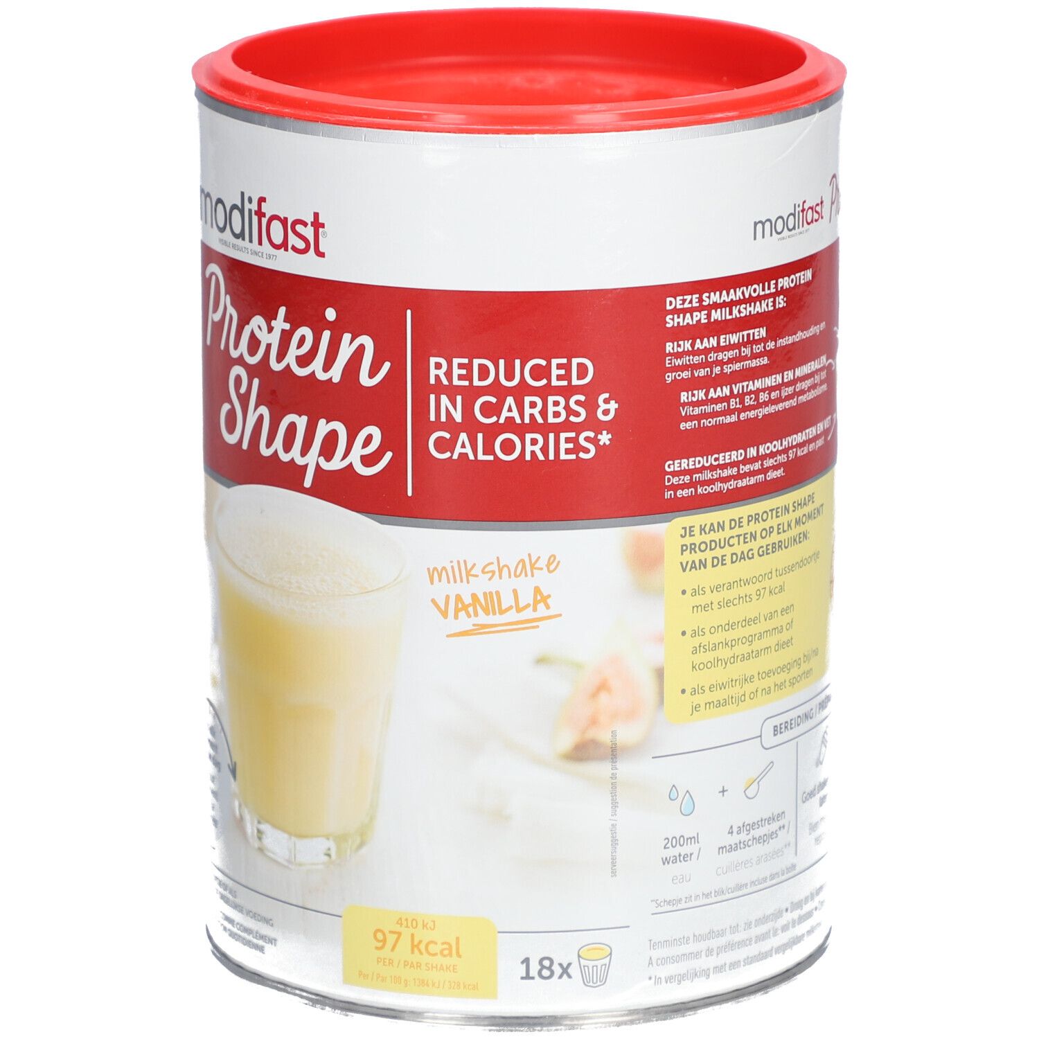 Boîte Modifast Protein Shape. Couvercle rouge, boîte blanche avec Protein Shape et goût vanille. 18 portions.