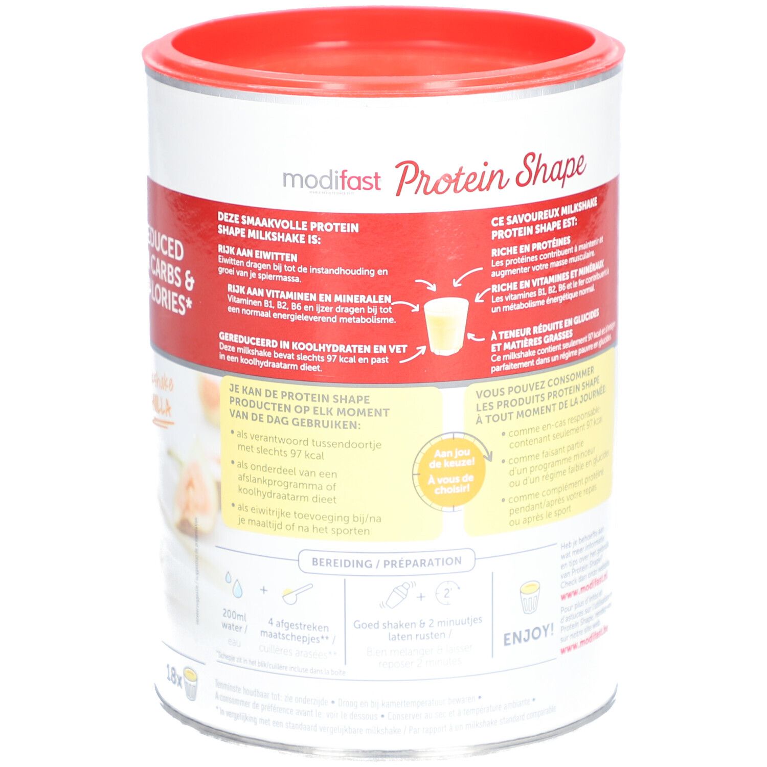 Boîte Modifast Protein Shape. Couvercle rouge, boîte blanche avec texte et instructions de préparation. Goût vanille.