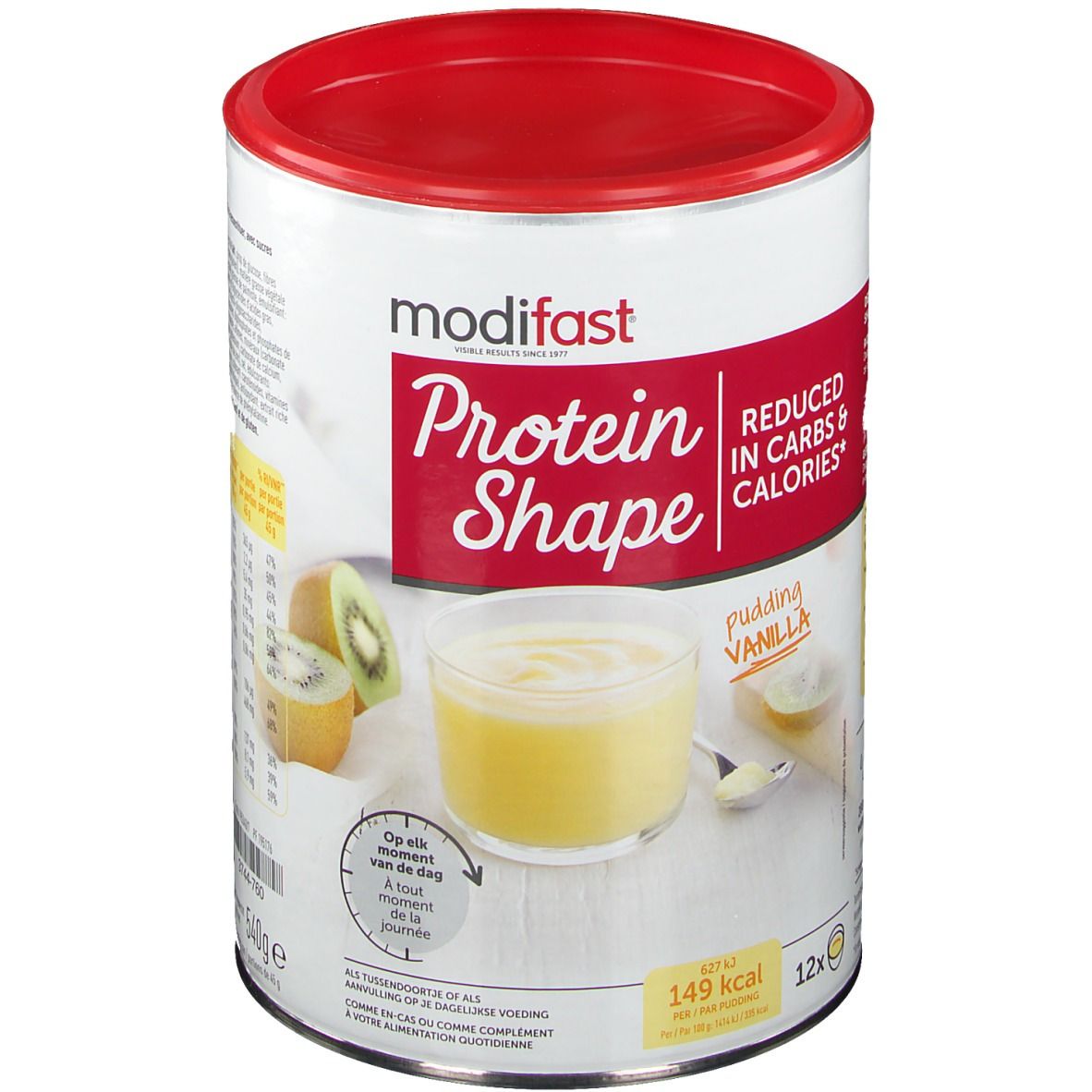 Boîte Modifast Protein Shape Pudding Vanilla. Couvercle rouge, exemple de pudding jaune, kiwi. Inscription: Reduced in carbs & calories.