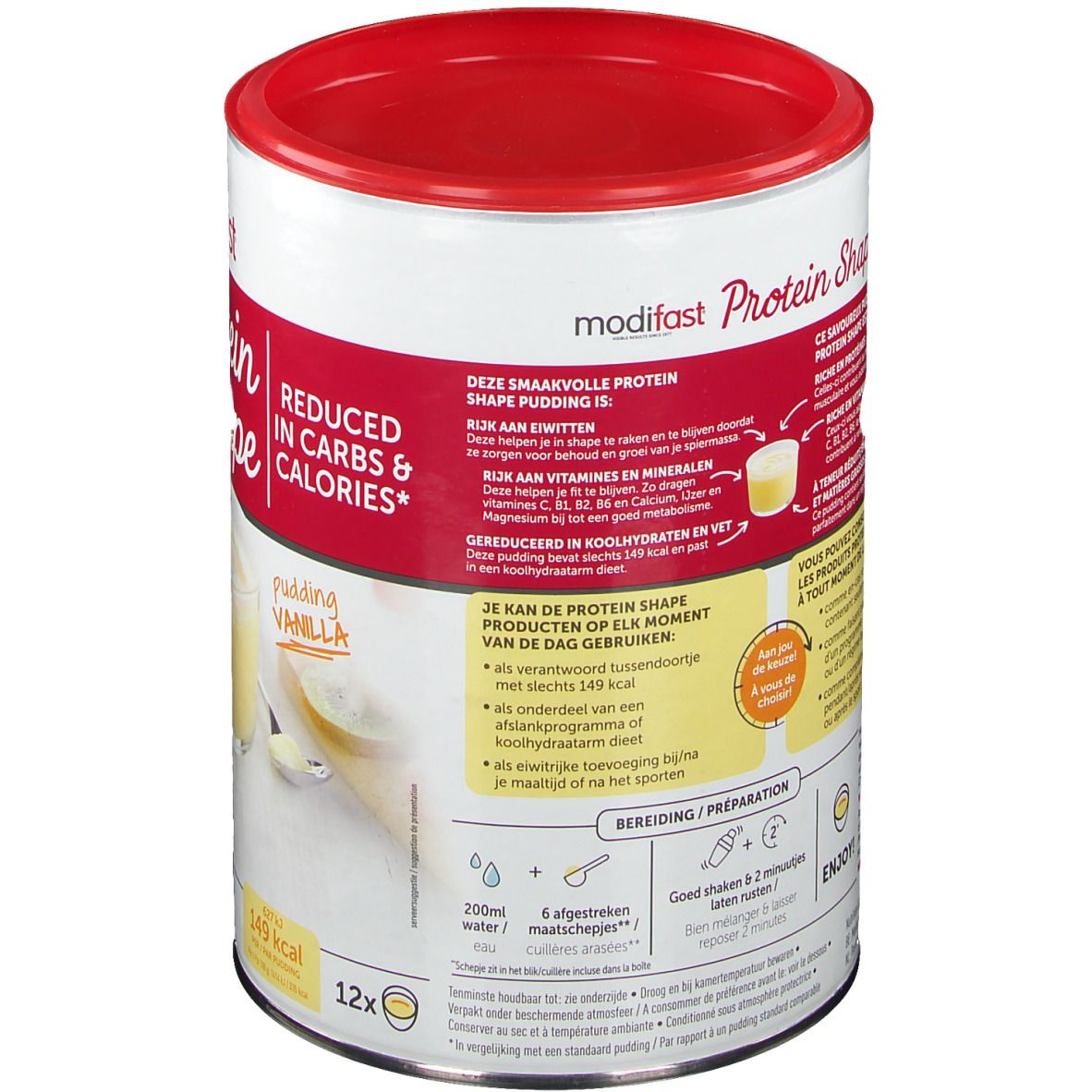 Boîte Modifast Protein Shape Pudding Vanilla. Dos avec texte et instructions de préparation. Couvercle rouge. Inscription: Reduced in carbs & calories.