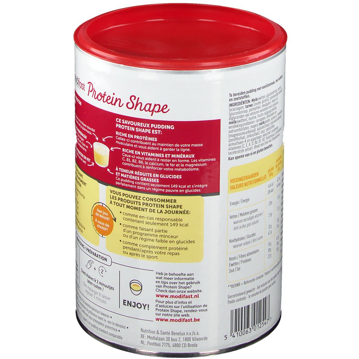 Boîte Modifast Protein Shape Pudding Vanilla. Dos avec texte et informations nutritionnelles. Couvercle rouge. Inscription: Reduced in carbs & calories.