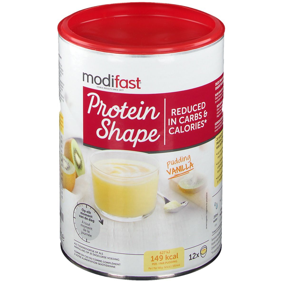 Boîte Modifast Protein Shape Pudding Vanilla. Couvercle rouge, exemple de pudding jaune, kiwi. Inscription: Reduced in carbs & calories.