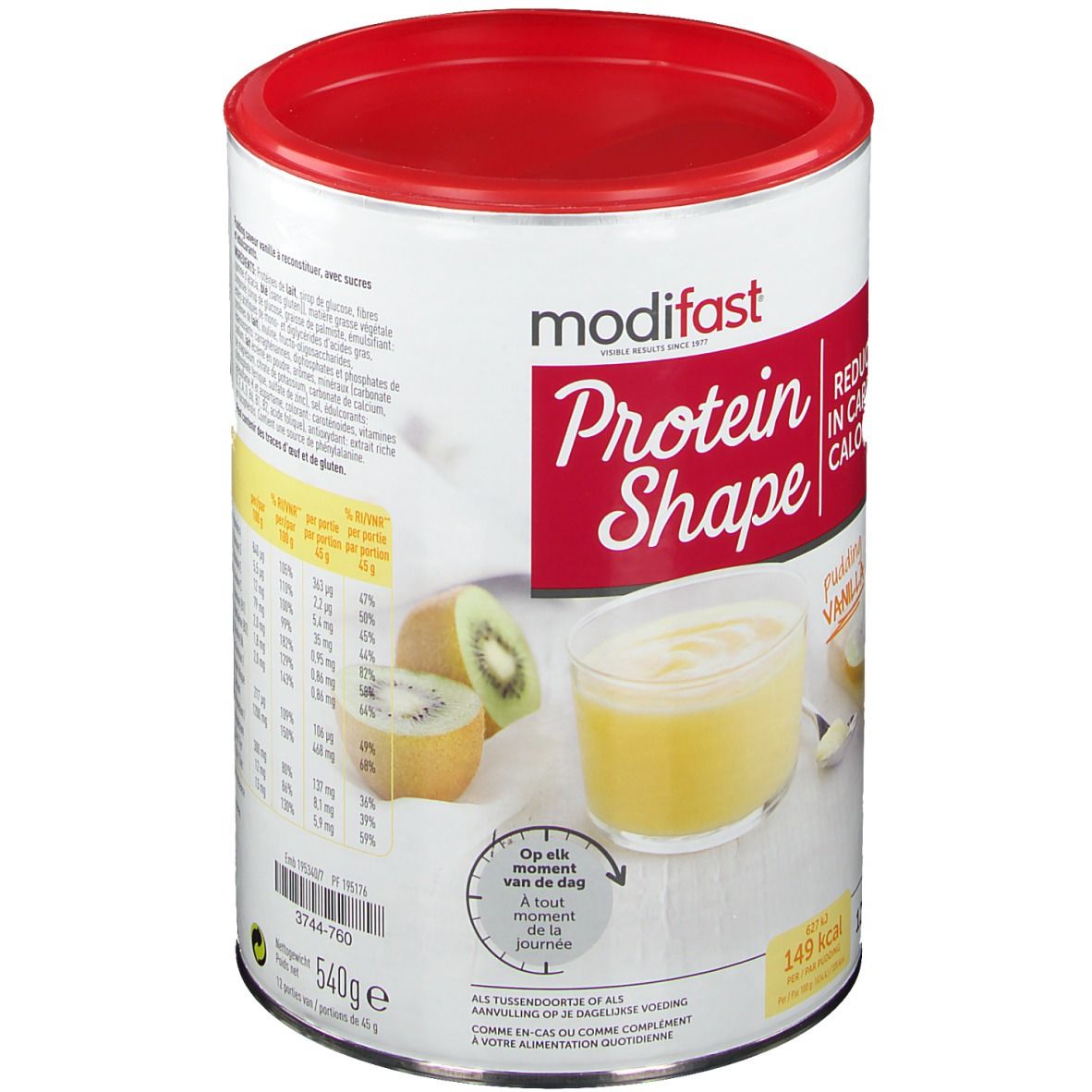 Boîte Modifast Protein Shape Pudding Vanilla. Couvercle rouge, exemple de pudding jaune, kiwi. Inscription: Reduced in carbs & calories.
