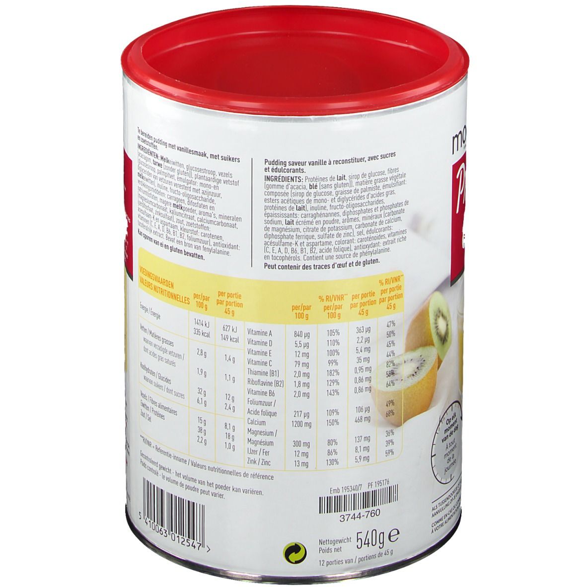 Boîte Modifast Protein Shape Pudding Vanilla. Dos avec texte et informations nutritionnelles. Couvercle rouge. Inscription: Reduced in carbs & calories.