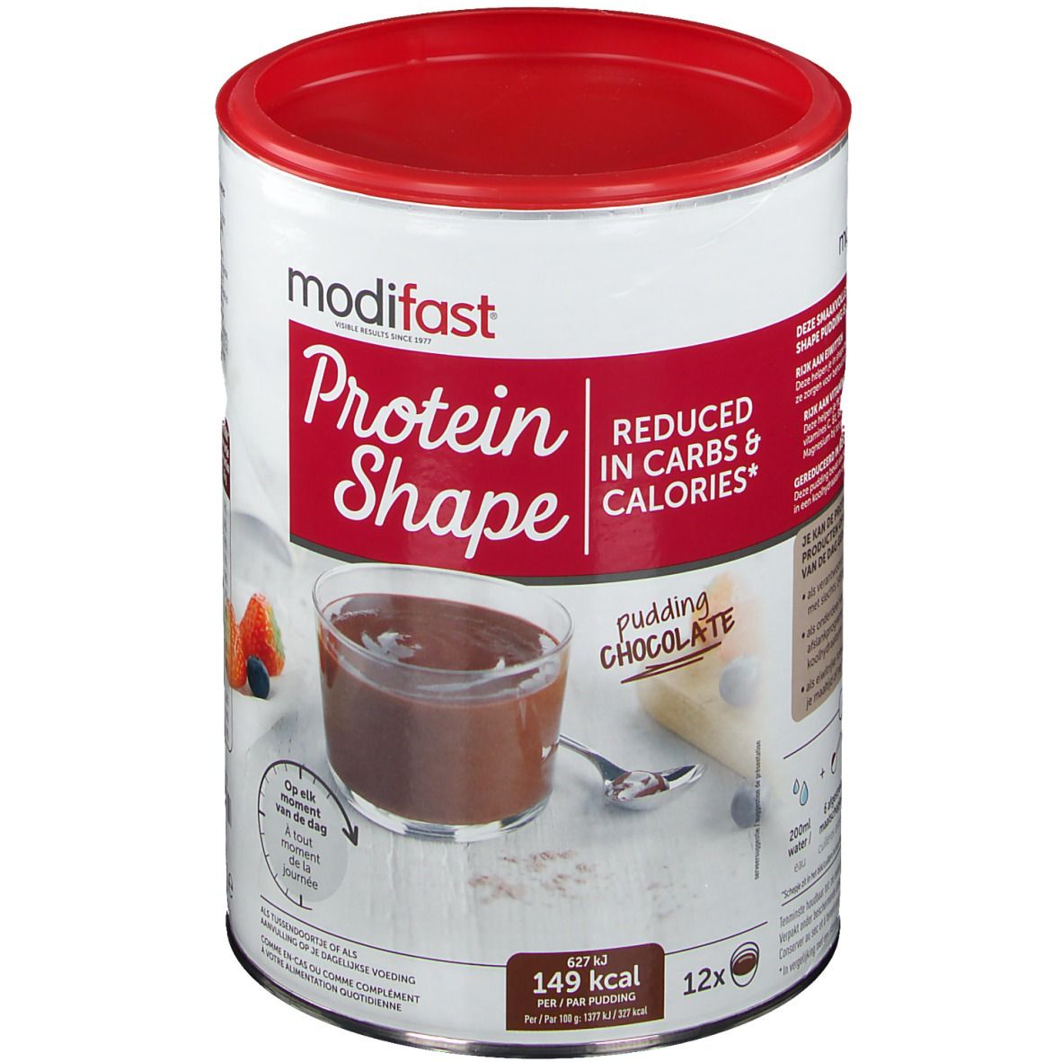 Boîte Modifast Protein Shape Pudding Chocolat. Couvercle rouge, boîte blanche avec image et texte. 12 portions.