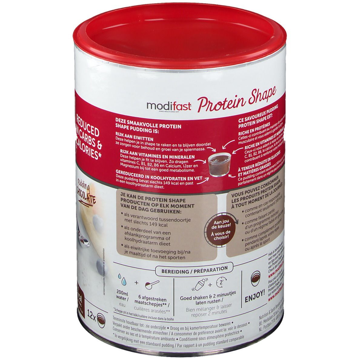 Boîte Modifast Protein Shape Pudding Chocolat. Dos avec texte multilingue. Instructions de préparation et informations nutritionnelles.