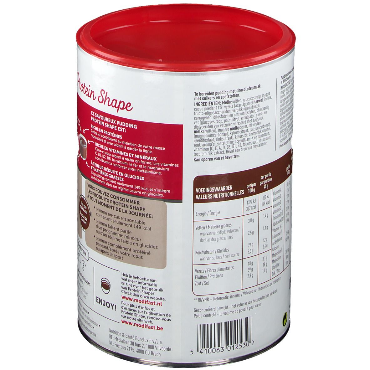 Boîte Modifast Protein Shape Pudding Chocolat. Dos avec texte multilingue. Informations nutritionnelles et liste des ingrédients.
