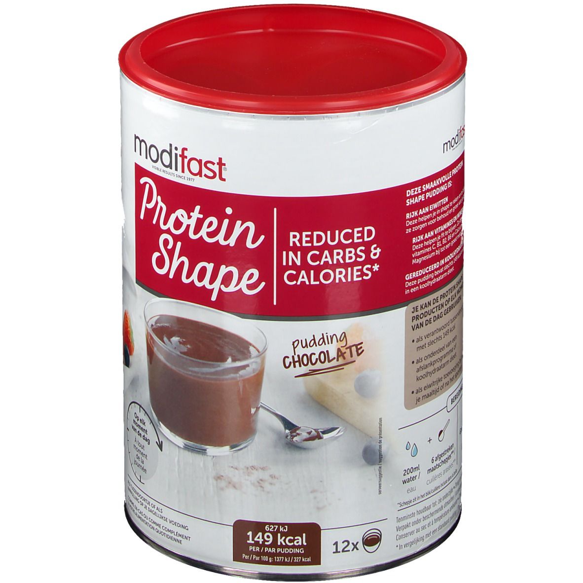 Boîte Modifast Protein Shape Pudding Chocolat. Couvercle rouge, boîte blanche avec image et texte. 12 portions.
