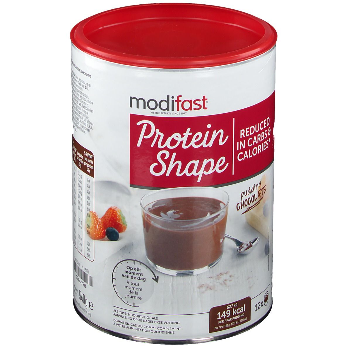 Boîte Modifast Protein Shape Pudding Chocolat. Couvercle rouge, boîte blanche avec image et texte. 12 portions.