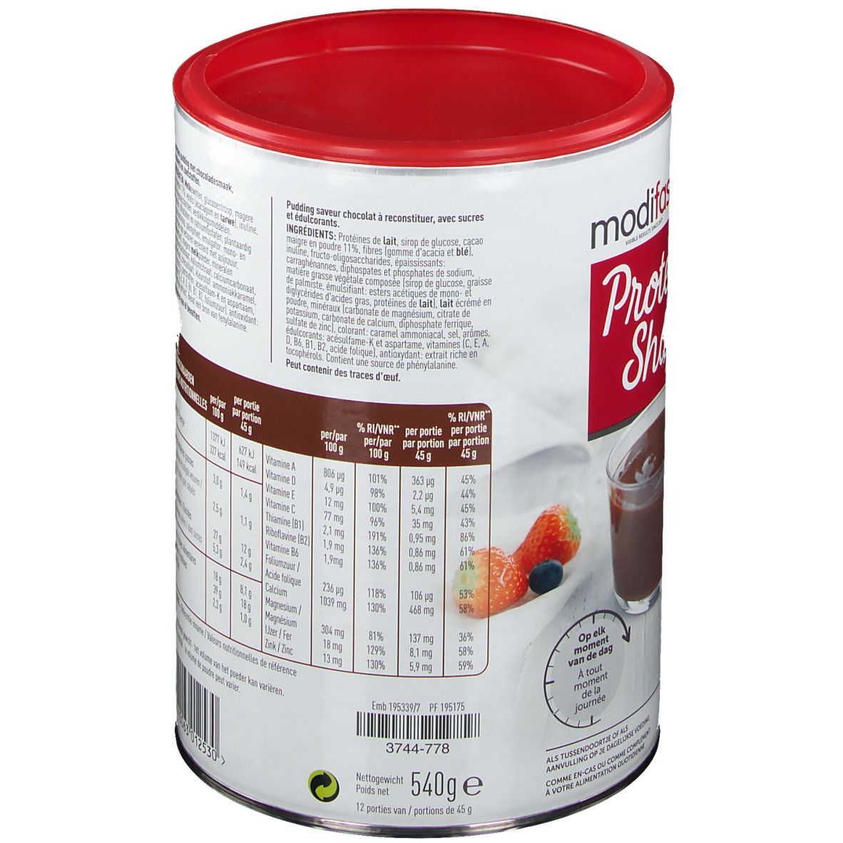 Boîte Modifast Protein Shape Pudding Chocolat. Dos avec texte multilingue. Informations nutritionnelles et liste des ingrédients.