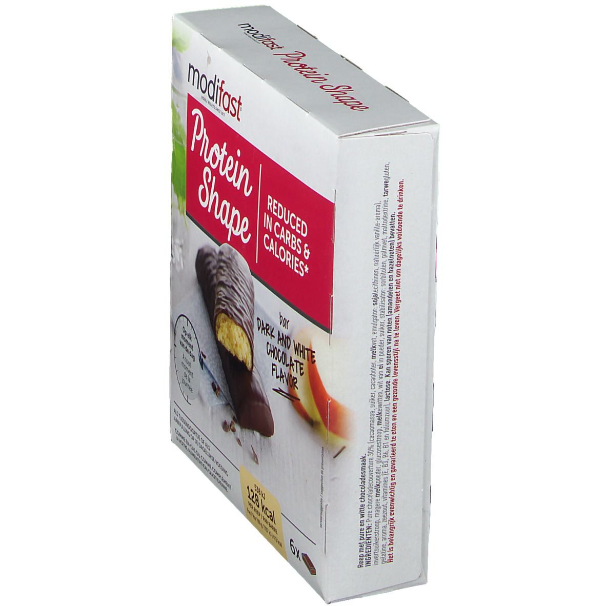 Vue en biais de la boîte de barres modifast® Protein Shape. Saveur chocolat noir et blanc, 6 barres.