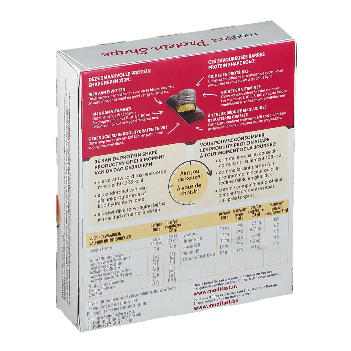 Dos de la boîte de barres modifast® Protein Shape. Texte et informations nutritionnelles. Logo modifast®.