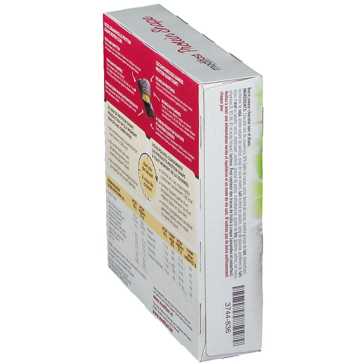 Vue en biais de la boîte de barres modifast® Protein Shape. Texte et code-barres. Logo modifast®.