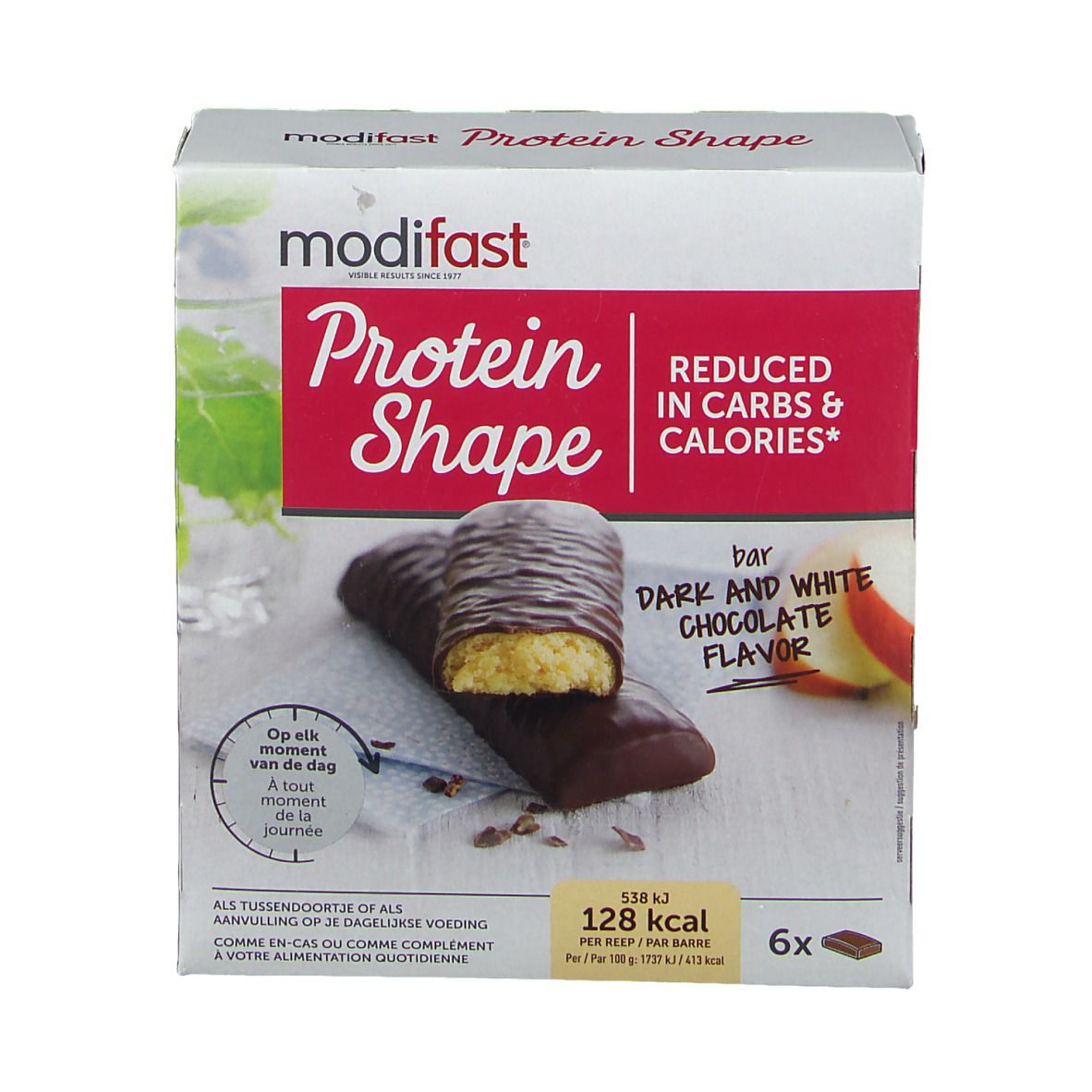 Boîte de barres modifast® Protein Shape. Saveur chocolat noir et blanc, 6 barres, 128 kcal.