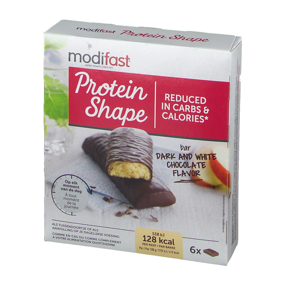 Boîte de barres modifast® Protein Shape. Saveur chocolat noir et blanc, 6 barres, 128 kcal.