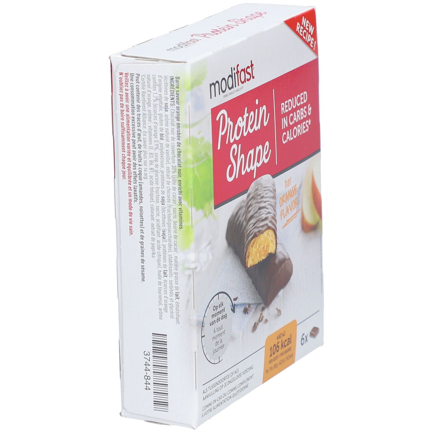 Emballage Modifast Protein Shape Bar Orange. Vue latérale. Inscription : Réduit en glucides et calories. Contient 6 barres.