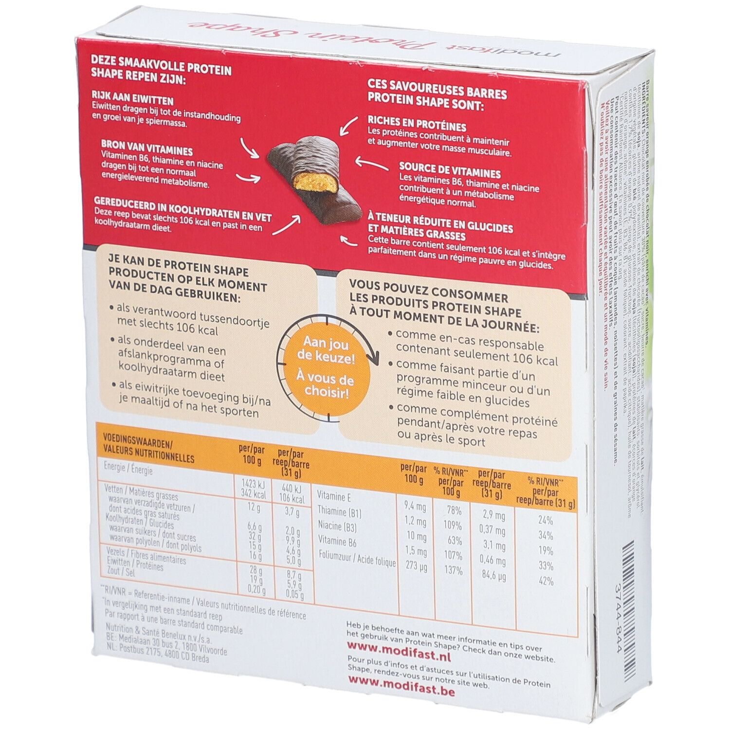 Dos de l'emballage Modifast Protein Shape Bar Orange. Contient des informations nutritionnelles et sur le produit.