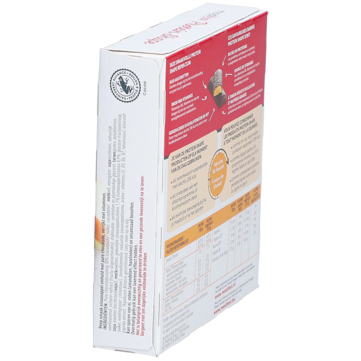 Emballage Modifast Protein Shape Bar Orange. Vue latérale avec informations produit et nutritionnelles.