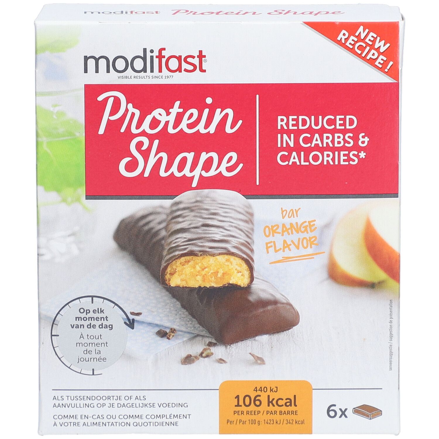 Emballage Modifast Protein Shape Bar Orange. Montre 2 barres et une tranche de pomme. Inscription : Réduit en glucides et calories.