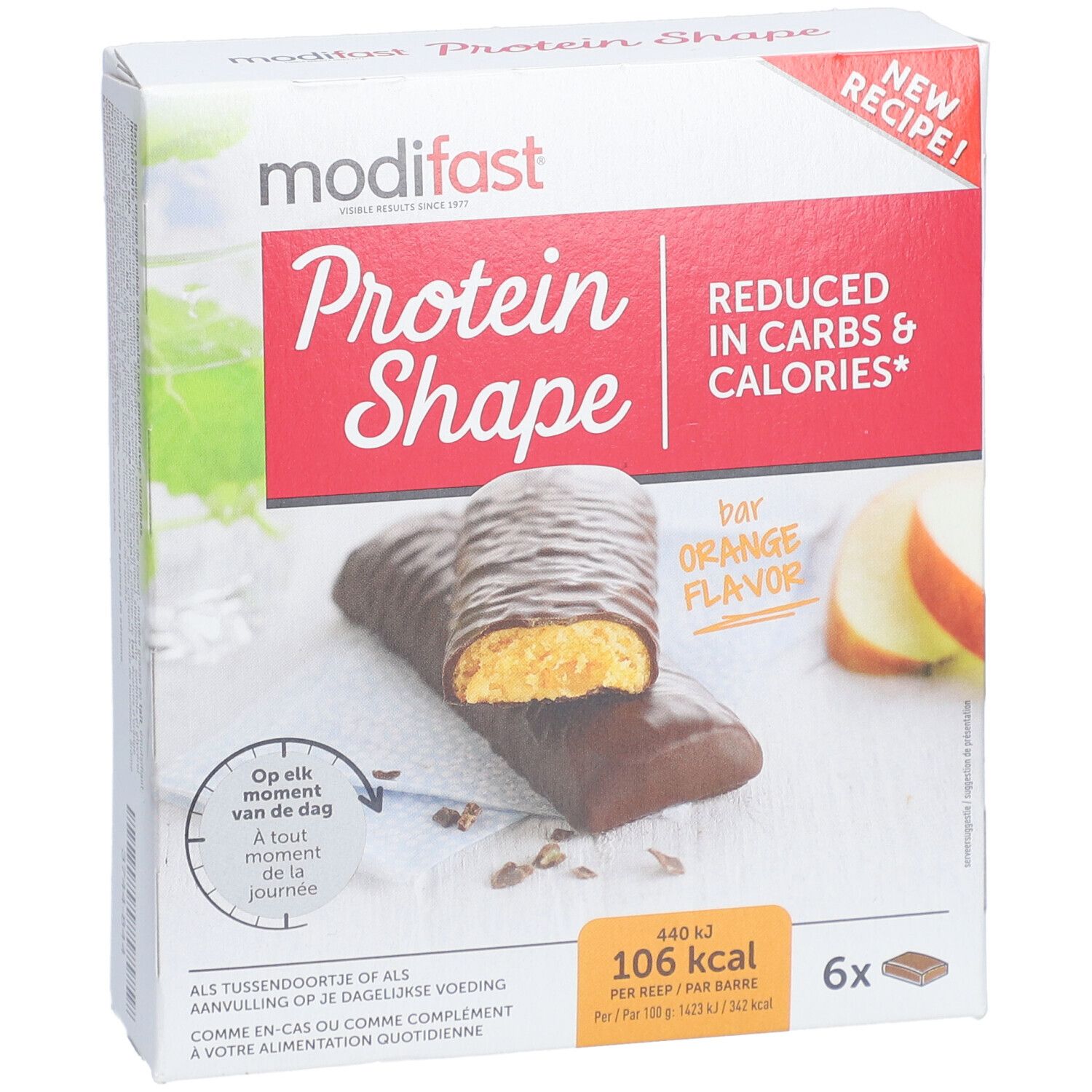 Emballage Modifast Protein Shape Bar Orange. Montre 2 barres et une tranche de pomme. Inscription : Réduit en glucides et calories.