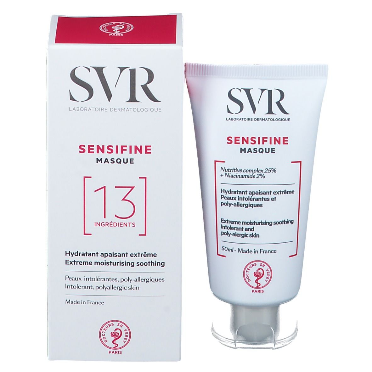 Produktverpackung mit Tube und Karton. Tube: weiß mit roter Schrift. Karton: weiß mit roter Schrift. Produktname SENSIFINE MASQUE.