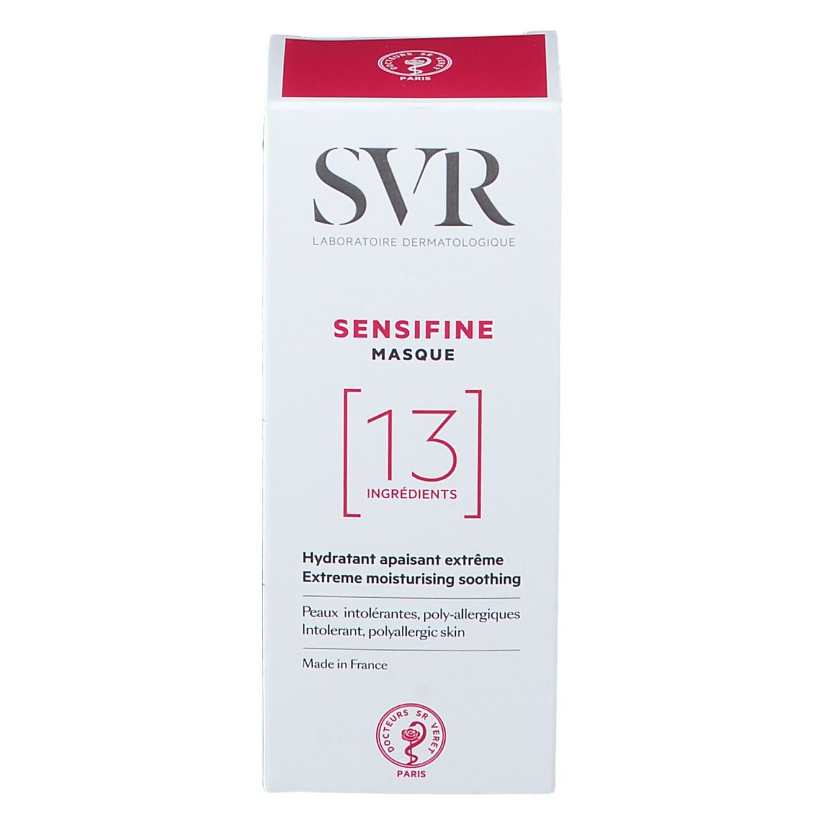 Kartonverpackung. Weiß mit roter Schrift. SVR-Logo und Produktname SENSIFINE MASQUE. Text: 13 Inhaltsstoffe. Hergestellt in Frankreich.