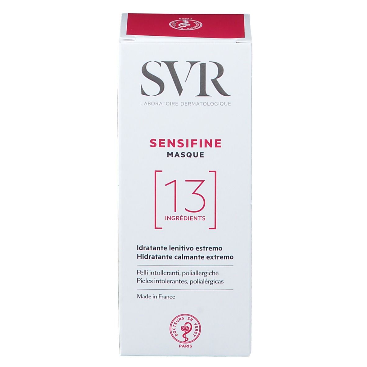 Kartonverpackung. Weiß mit roter Schrift. SVR-Logo und Produktname SENSIFINE MASQUE. Text: 13 Inhaltsstoffe. Hergestellt in Frankreich.