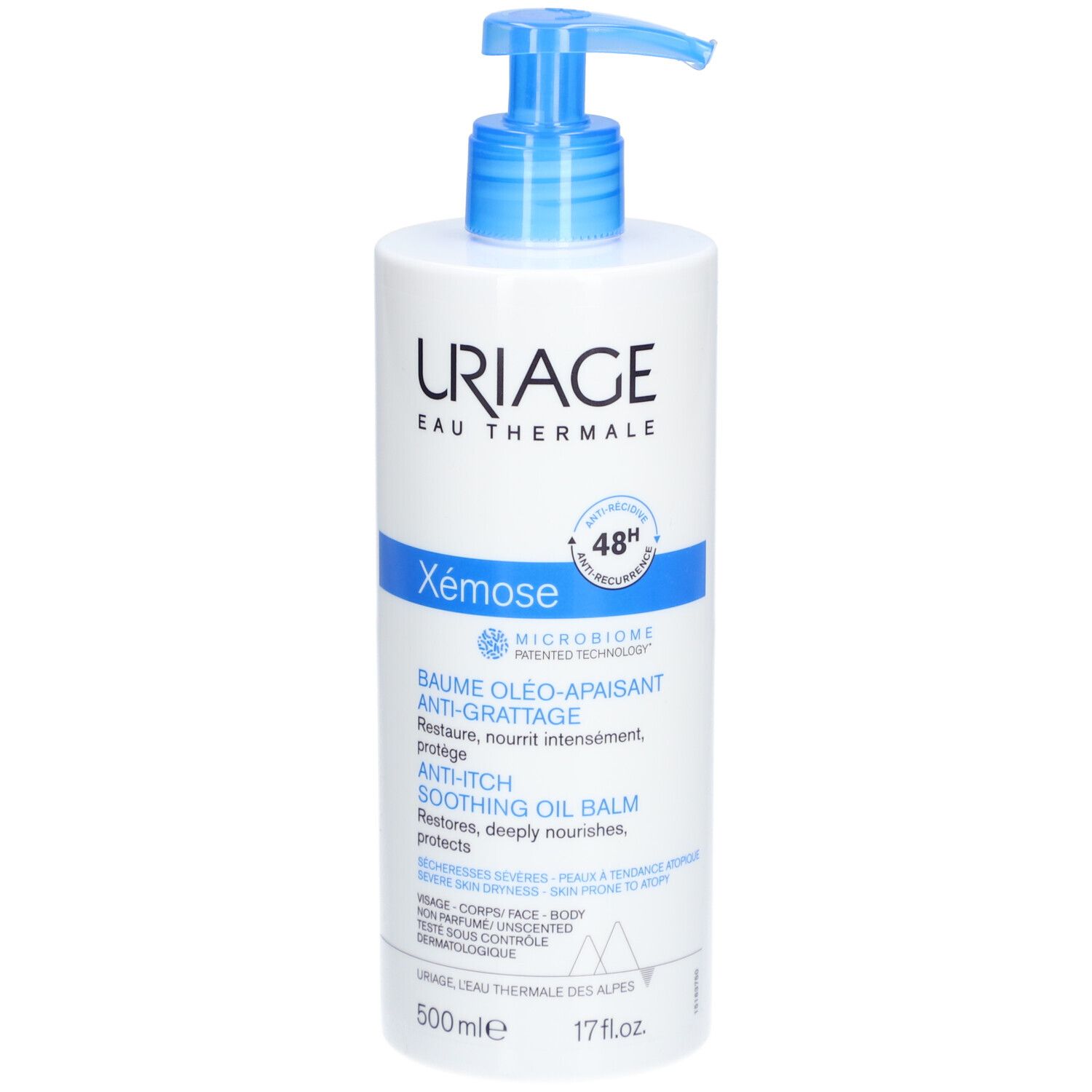 Witte fles met blauwe pomp. Uriage Xémose Anti-jeuk olie-balsem. 500 ml. 48u bescherming.