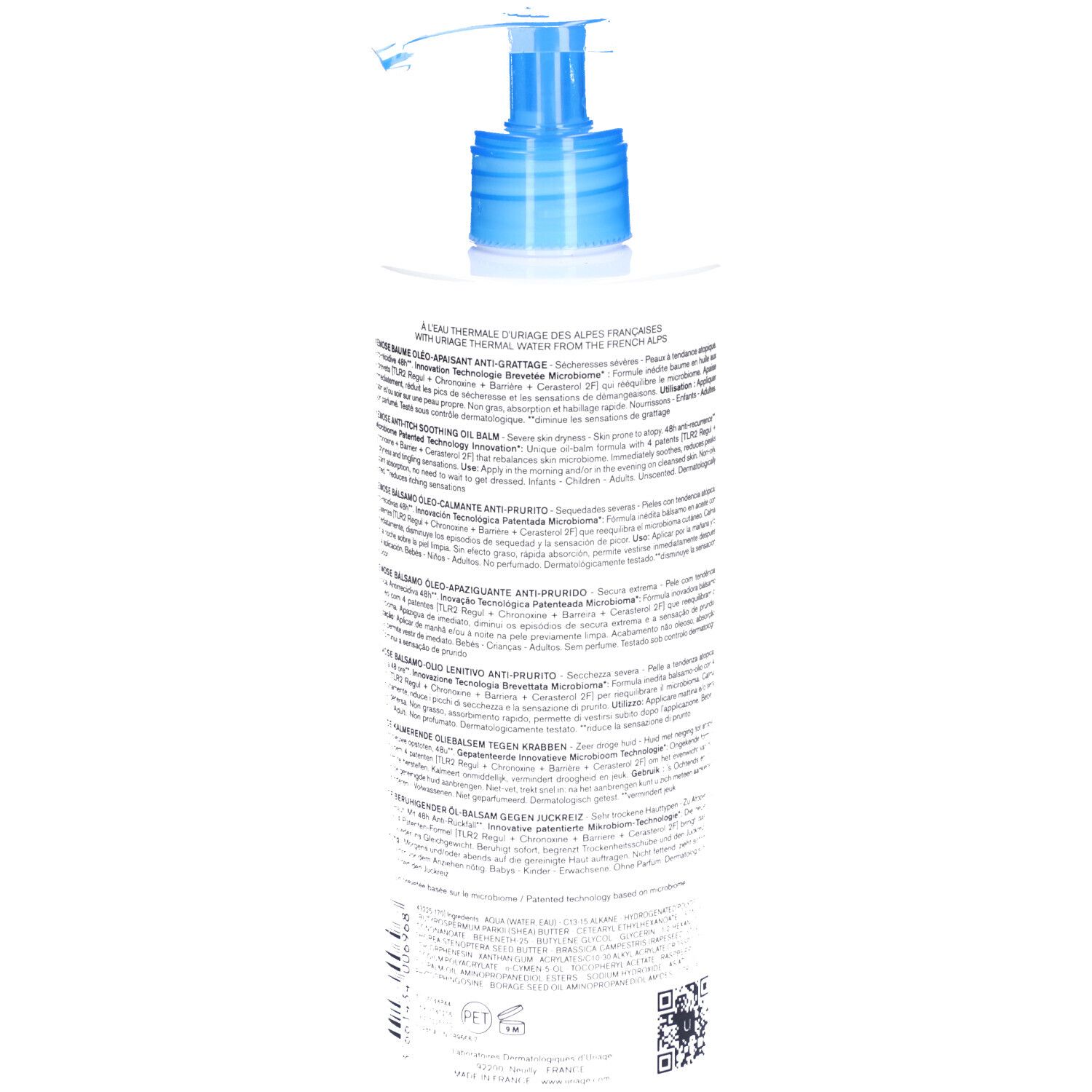 Achterkant fles. Meertalige tekst. Uriage Eau Thermale. Productinformatie.